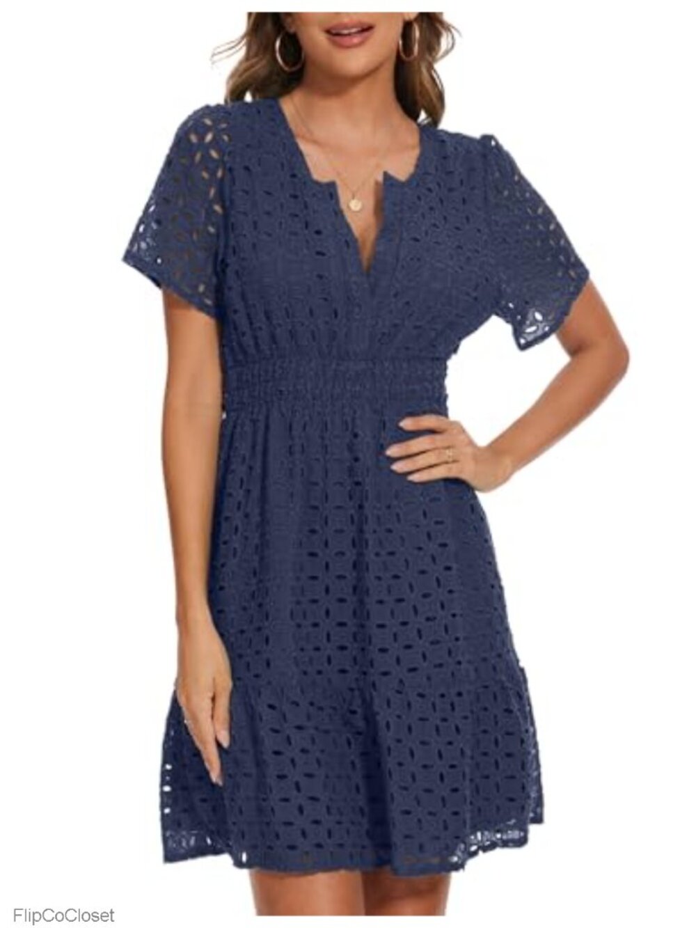 Women's Cotton Eyelet Lace V-Neck Mini A-Line Sundress Hollow Out Embroidered